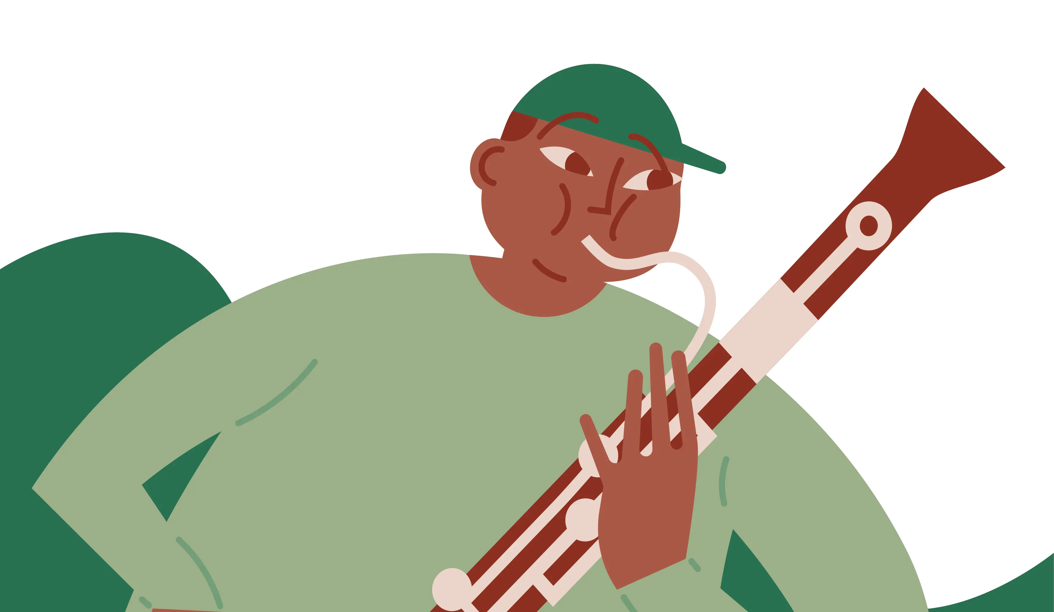 Illustration av en elev i grön tröja som spelar på en fagott