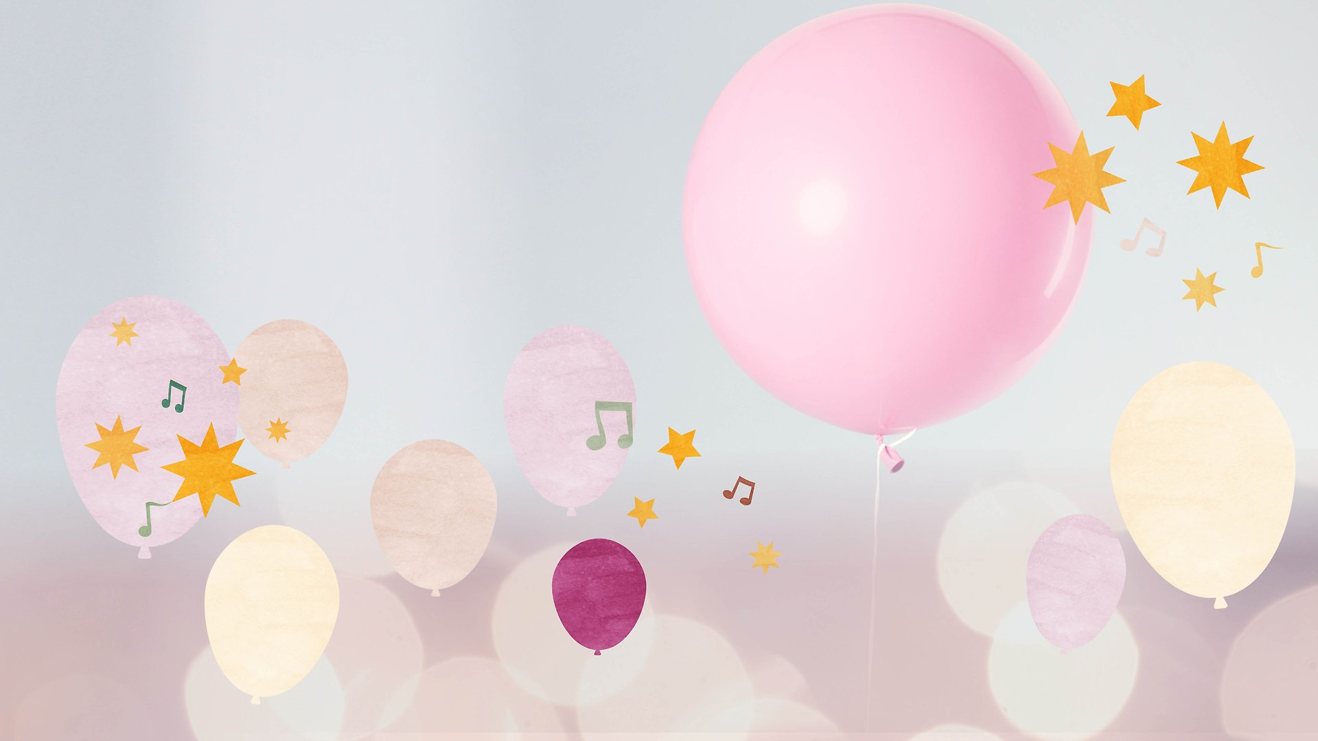 Illustration med rosa och gula ballonger, stjärnor och noter